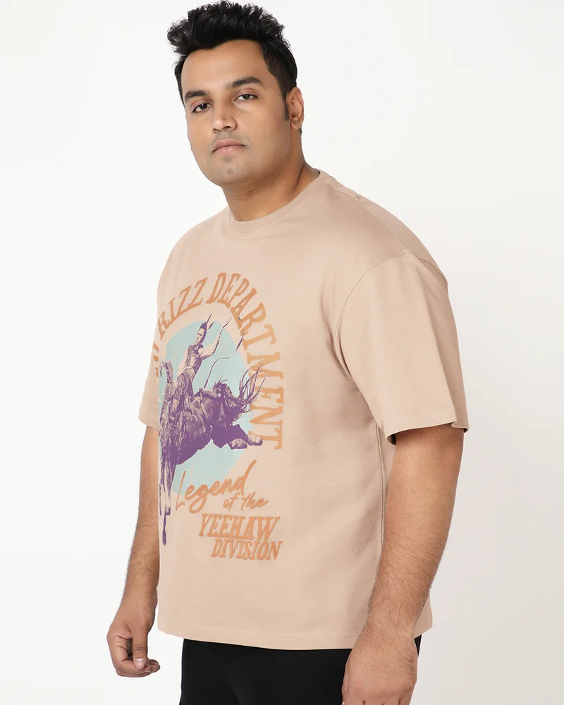 bewakoof Men's Ginger Root Brown Rodeo Rizz Dept Graphic Printed Oversized Plus Size T-shirt